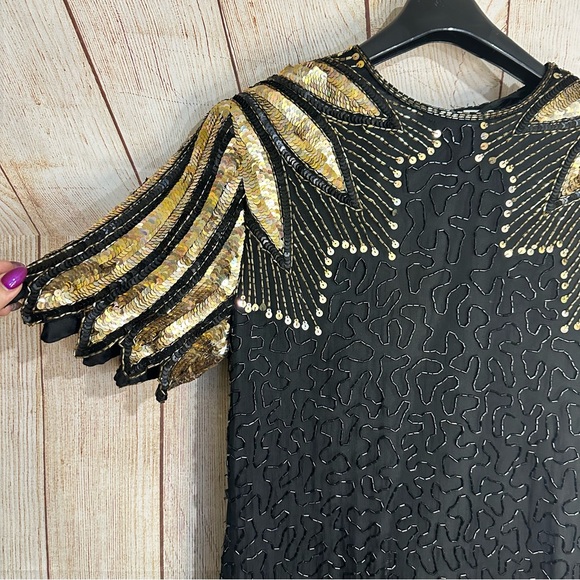Vintage 100% Silk Sequin Beaded Gold Black 12p Midi Dress - Picture 9 of 12